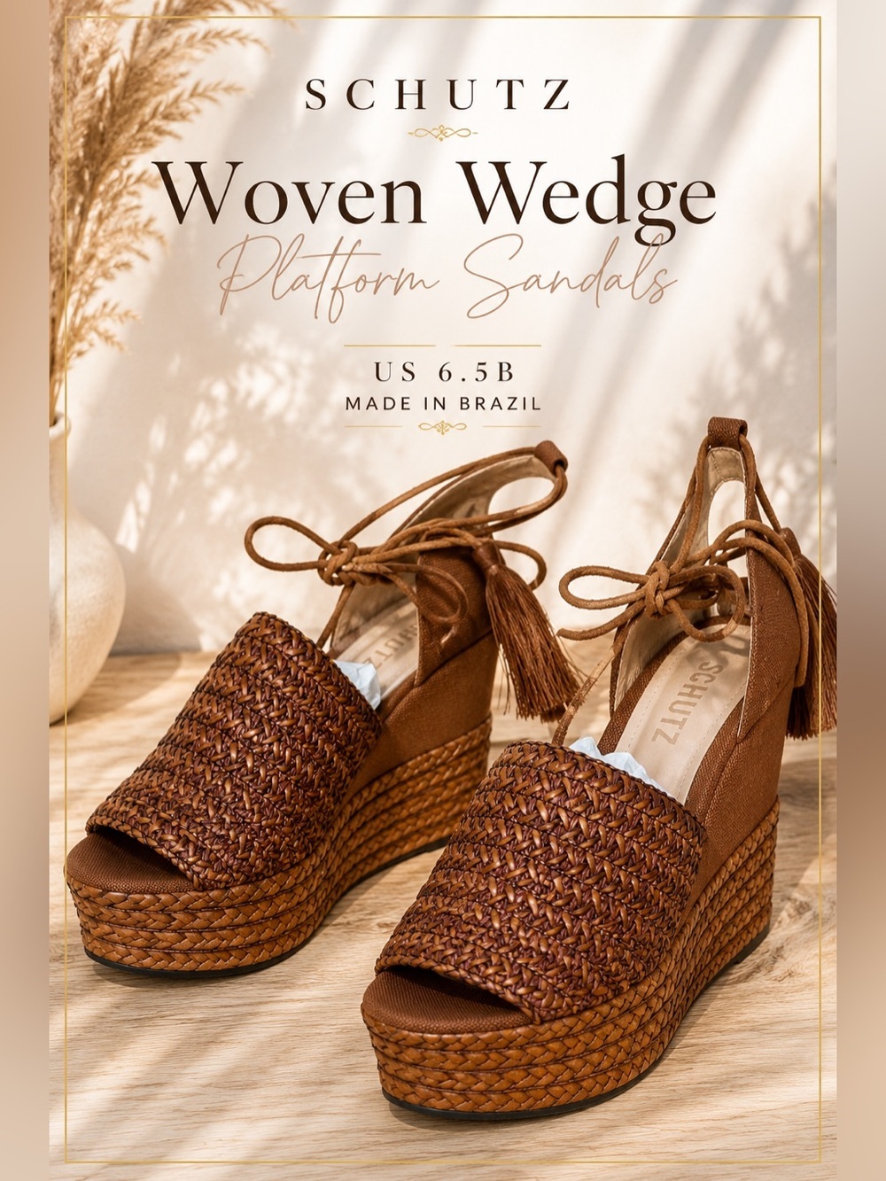 Schutz Woven Platform Wedge Sandals Brown Tassel Lace-Up Size 6.5B